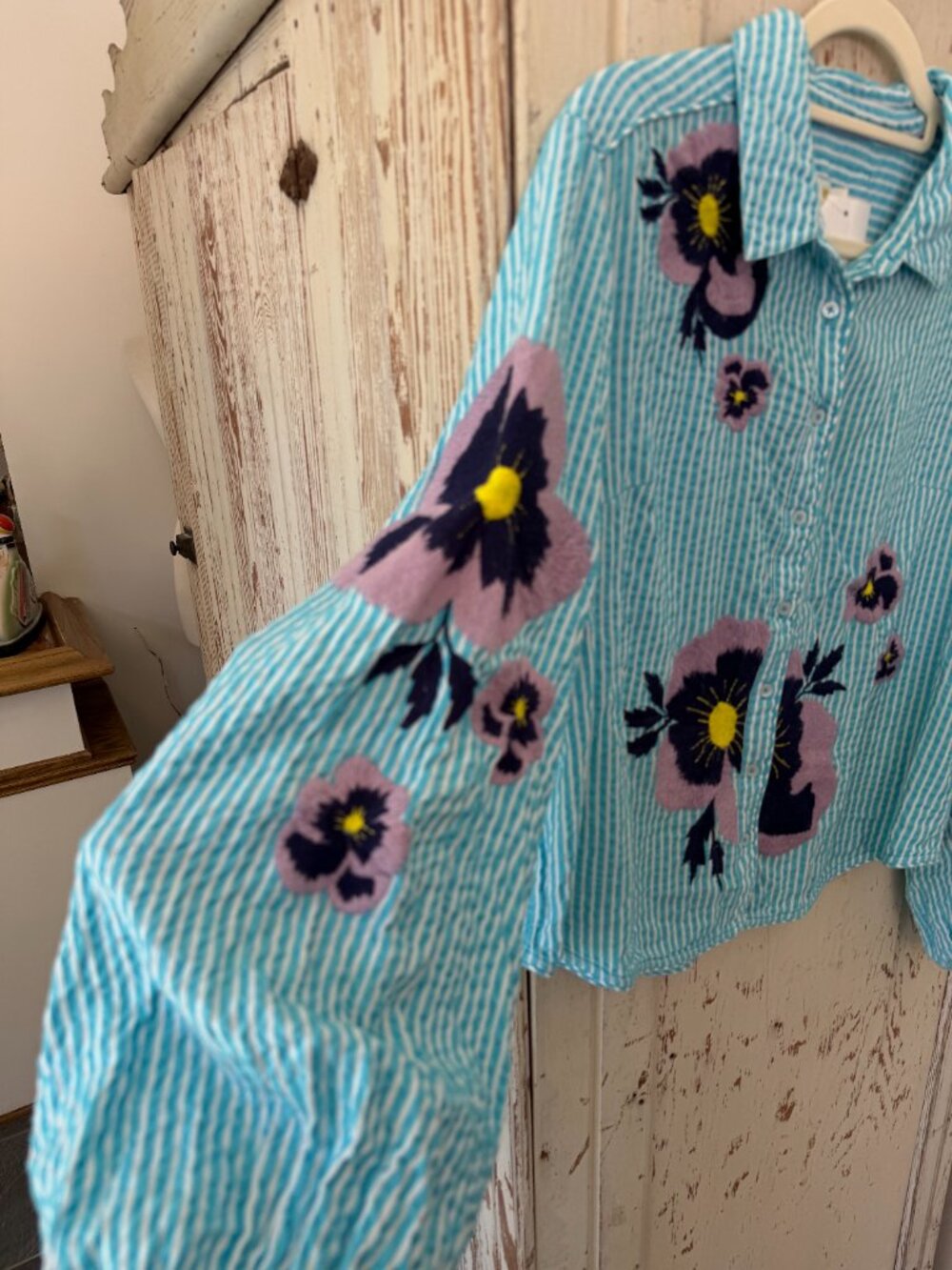 ANTHROPOLOGIE MAEVE PANSY EMBROIDERED STRIPE SHIRT - Picture 7 of 9